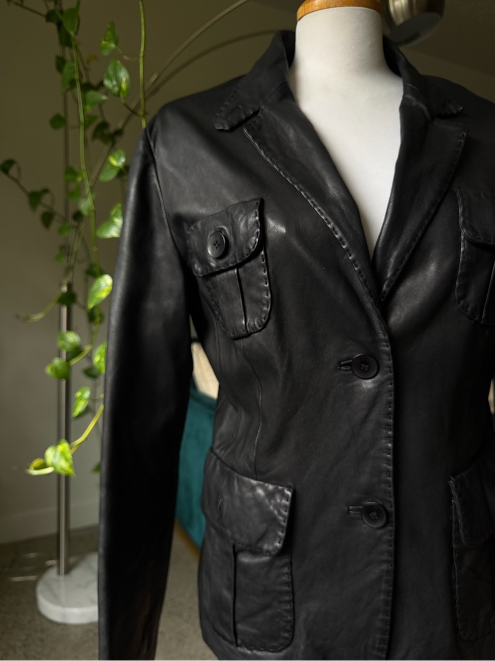 Black Leather Button-Front Women's Jacket